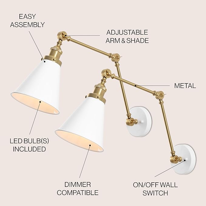 JONATHAN Y JYL7462B-SET2 Rover 7" Classic Industrial Metal Adjustable Arm LED Wall Sconce, White/Brass Gold (Set of 2) for Bedroom, Bathroom, Vanity