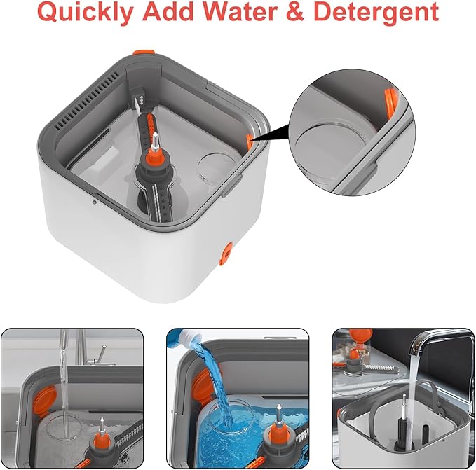 Mop and Bucket Set, Spin Mop with Self Seperates Dirty Water System, Square Mops for Floor Cleaning, 360 Rotating Foldable Standing Mop Head, Versatile Mops for Walls (Mop Bucket with 2 Pads)