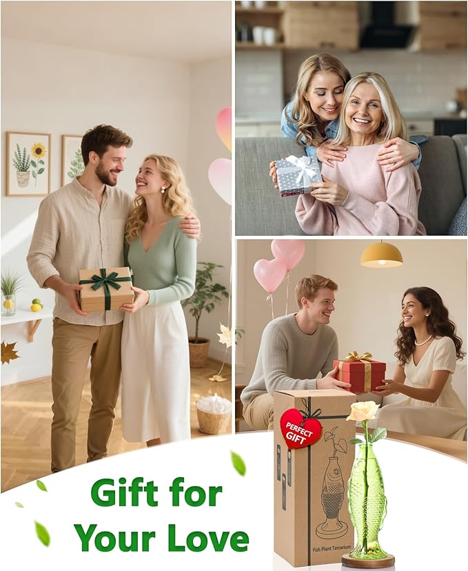 Nacome Fish Vase Glass Plant Terrarium with Wooden Stand,Plant Propagation Station for Home Office Hydroponics Desk Decoration,Unique Gardening Gifts for Plant Lovers Women Mom(Green)