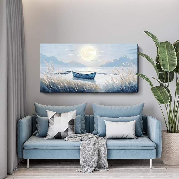 Large Wall Art for Living Room Bedroom Decor - Modern Nautical Beachy Ocean Beach Seascape Nature Artwork with Blue Boat Moon Lake Mountain Sea - Relaxing Serene Canvas Picture for Coastal Rustic Home