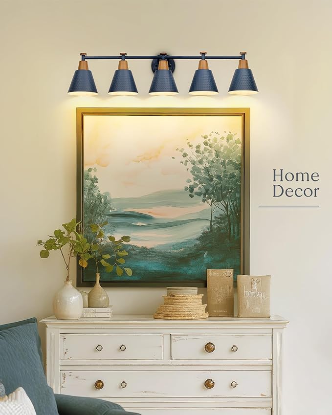 FEMILA 5 Light Bathroom Vanity Light, 37.4" Bathroom Lighting Fixtures Over Mirror, Blue Finish, E26 Base, 4FG59B-5W Blue