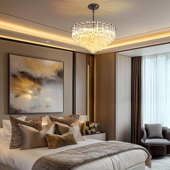 Modern Clear Glass Chandelier, 14" Round Crystal Dining Room Chandelier, Small Black Pendant Light Hanging Fixture for Bedroom, Kitchen Island Light Dimmable Ceiling Lighting Chandeliers for Bathroom