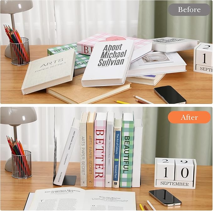 Faccito 5 Pairs Book Ends, Black Metal Bookends for Shelves Decorative, Non Skid Tree Stopper and Flower Shelf Holder for Heavy Books, Home Office School Supplies(Modern)