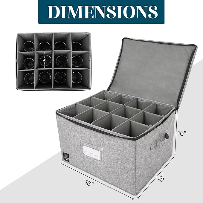 Wine Glass Storage, Holds 12 Stemware Glasses, Stackable, Fully-Padded Inside with Hard Top and Sides (Grey)