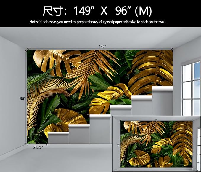 WFBHUA-Gold and Green Tropical Jungle Palm Leaf Wallpaper Mural Monstera Wall Mural for Living Room Bedroom (Not Peel and Stick)