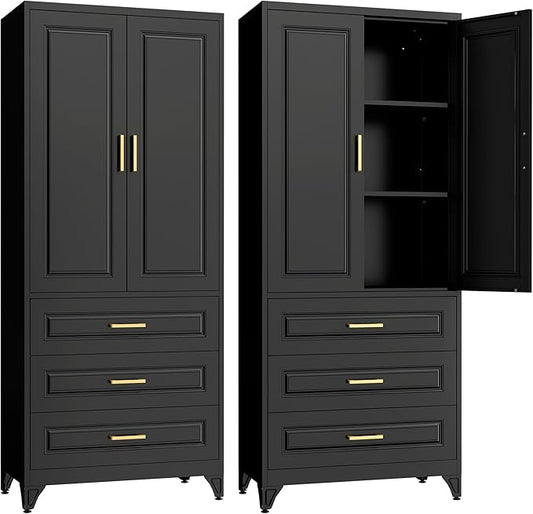 75" Kitchen Pantry Cabinet with 3 Drawers,Metal Storage Cabinets with Doors and 4 Adjustable Shelves,Black Kitchen Cabinet with 2 Gold Handles,Food Cupboard for Livingroom, Bathroom,Pantry