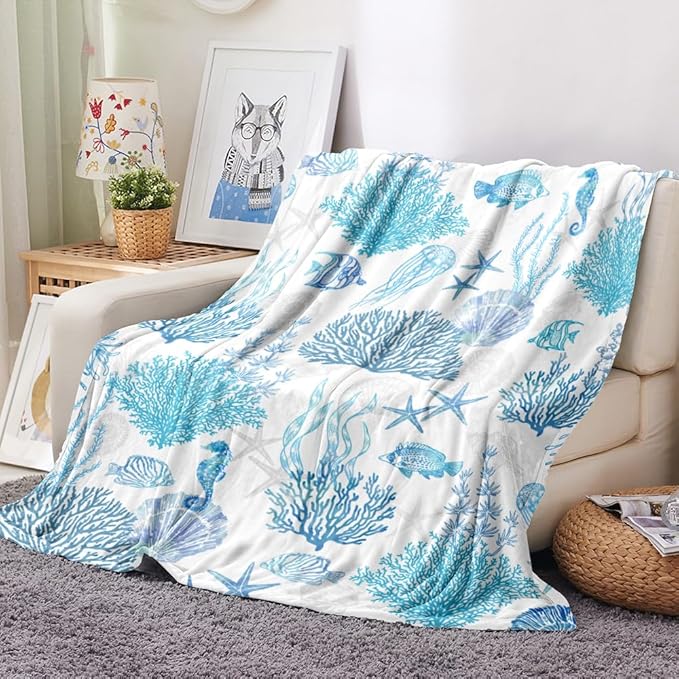 Blue Ocean Beach Throw Blanket Nautical Coastal Bed Blanket Starfish Seashell Coral Blankets Super Soft Flannel Fleece Throw Blanket for Couch Bed Decor “60 x80”