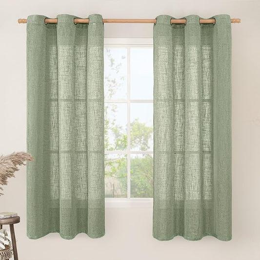 LAMIT Linen Blended Curtains 63 Inches Long, Soft Thick Linen Textured Light Filtering Drapes Bronze Gromment Small Window Drapes for Bedroom/Kitchen/Basement, 2 Panels, 34 x 63 Inch, Sage Green