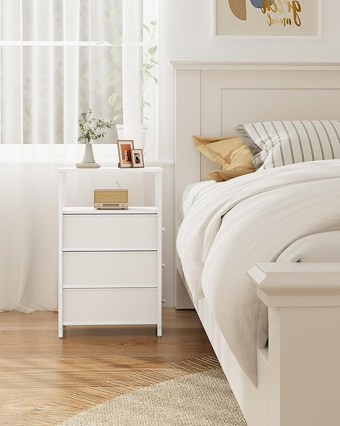 TUTOTAK Narrow Night Stand, Slim End Table, Tall Side Table with 3 Fabric Drawer, Small Bedside Table with Storage, Set of 2, for Living Room, Bedroom, White TB01BW072
