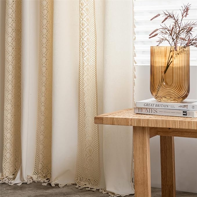 Sutuo Home Boho Curtain Crochet Dots Patchwork Semi-Blackout Bohemian Handmade Tassels, Rod Pocket Window Treatment Vintage Rustic Farmhouse Drapes for Living Bedroom, 1 Panel 59" W x 84" L, Beige