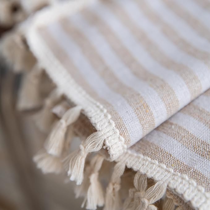 Sutuo Home Boho Curtain 84 Inches Length, Beige Stripes Print Curtain with Handmade Tassels, Rod Pocket Window Treatment Vintage Rustic Bohemian Farmhouse Drape for Bedroom 1 Panel 59" W x 84" L