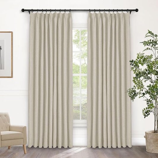 Macochico Pinch Pleated Blackout Curtains 102 Inches Long 100% Blackout Natural Linen Drapes for Bedroom Living Room Windows Farmhouse Burlap Curtains with Tieback 52”Wx102”L Ivory White 1 Panel
