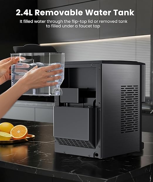 Nugget Ice Makers Countertop, Pellet Ice Maker Machine Dispenser with Water Reservoir with 44lbs/24H, Self-Cleaning, Soft Chewable Ice Maker Machine for Home/Kitchen/Office, Silver Stainless