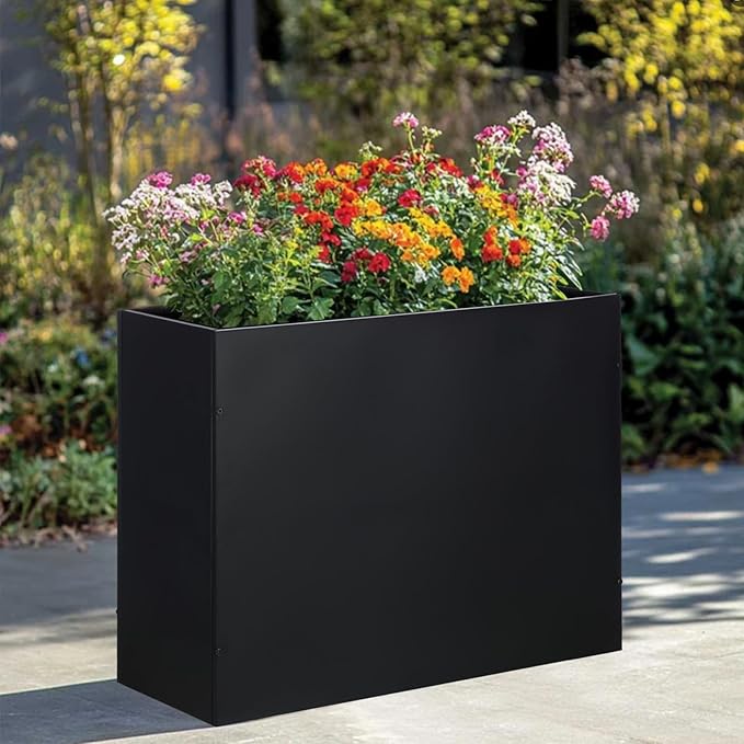 Metal Rectangular Planter Box Tall Planters for Outdoor Plants Modern Heavy Duty with Drainage Holes for Outside Indoor Patio Deck - Black, 32”x 12”x 24”