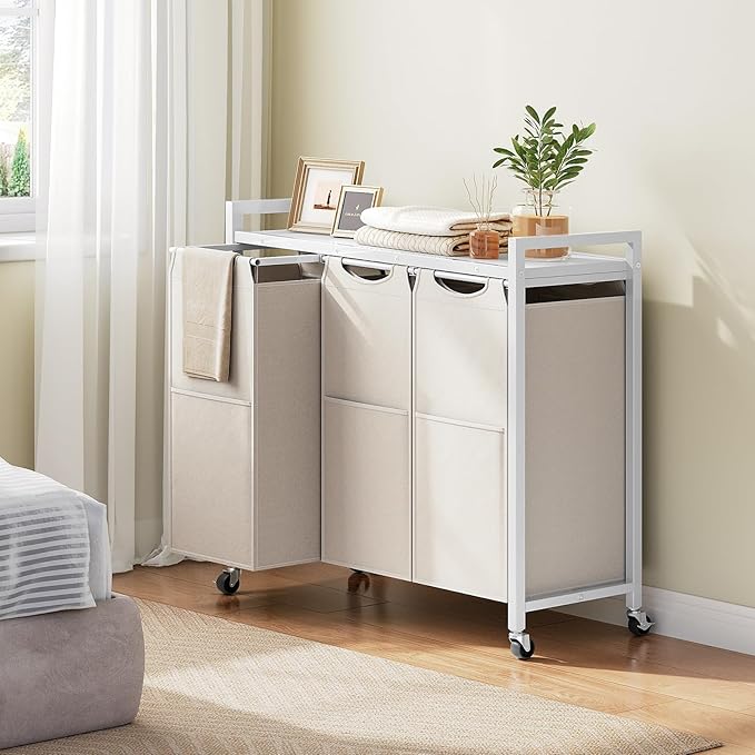 HOOBRO Laundry Sorter 3 Section, Laundry Hamper with Wheels, 3 × 11.5 Gal (43.4L), Rolling Laundry Basket, Pull-Out and Removable Oxford Fabric Bags, White WG76XY01