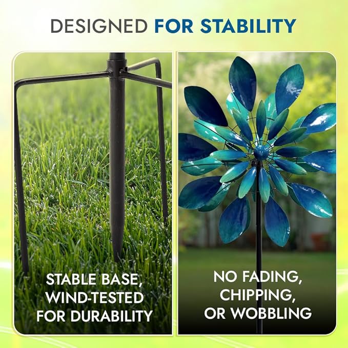 Large Wind Spinners - Decorative Garden Whirligigs - Durable Metal Flower Art - Ideal for Yard Decor and Gifts - Outdoor Accessories - Designed for Patios & Landscapes Blue 24"W x 84"H