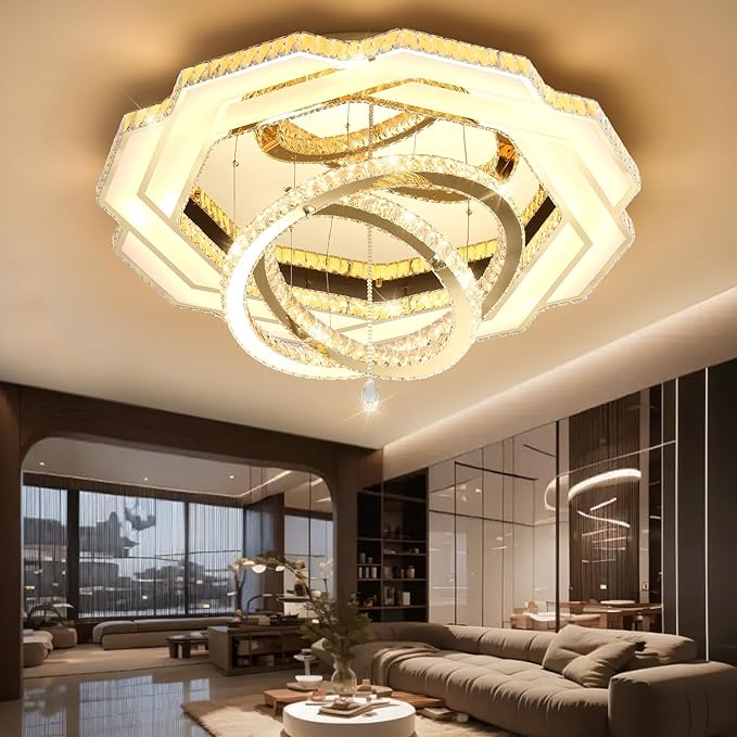 Flashing God Large Crystal Chandelier Dia 48" Gold Chandelier Flush Mount Ceiling Light for Bedroom Living Room Dining Room Hallway Dimmable 3 Rings LED Celing Lighting Fixtures