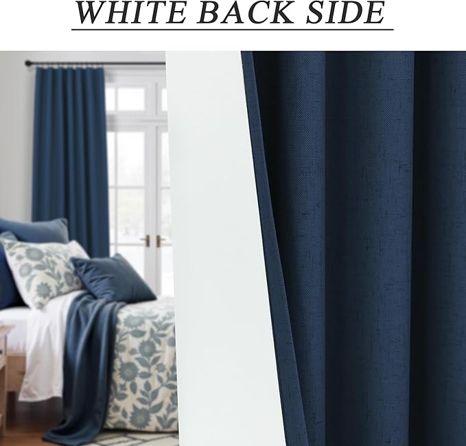Navy Blue Blackout Curtains for Living Room 84 Inch Length 2 Panel Set Back Tab Pocket Midnight Dark Blue Black Out Linen Window Drape Thermal Insulated Room Darkening Curtain for Bedroom Boys 84 Long