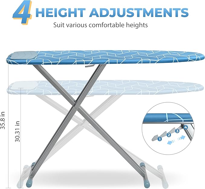 APEXCHASER Ironing Board with Silicon Iron Rest, Heavy-Duty Legs and Heat Resistant Cover, 13x53 inch, Blue