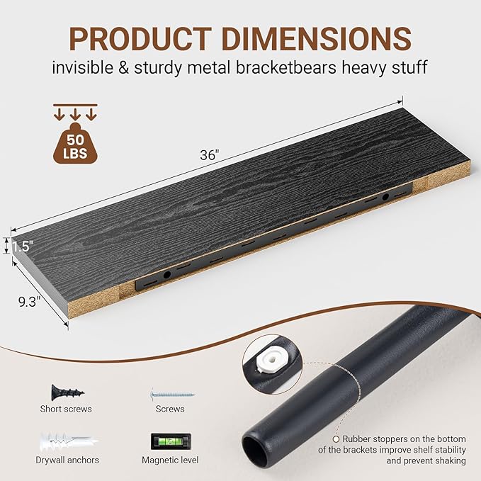 Heimlove Floating Shelves for Wall 36 Inches Long,9.3" Deep Black Floating Shelf Set of 2,Wall Mounted Shelves for Bathroom Bedroom Living Room Kitchen Office,Shelf for Books Storage,Home Decor