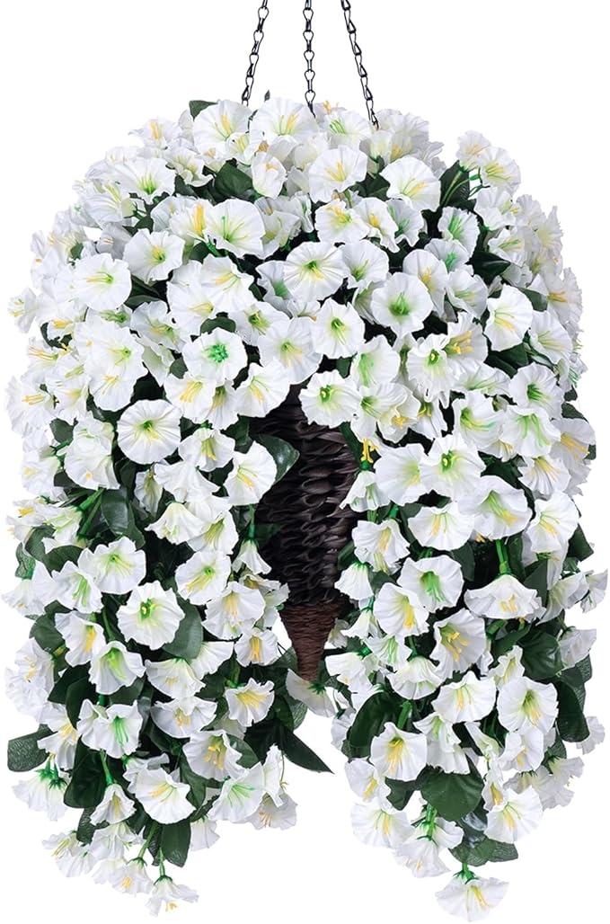 Artificial Faux Hanging White Flowers Plants Basket for Outdoor Outside, Fake UV Resistant Realistic White Morning Glory Flowers for Porch Home Balcony Yard Patio Decoration