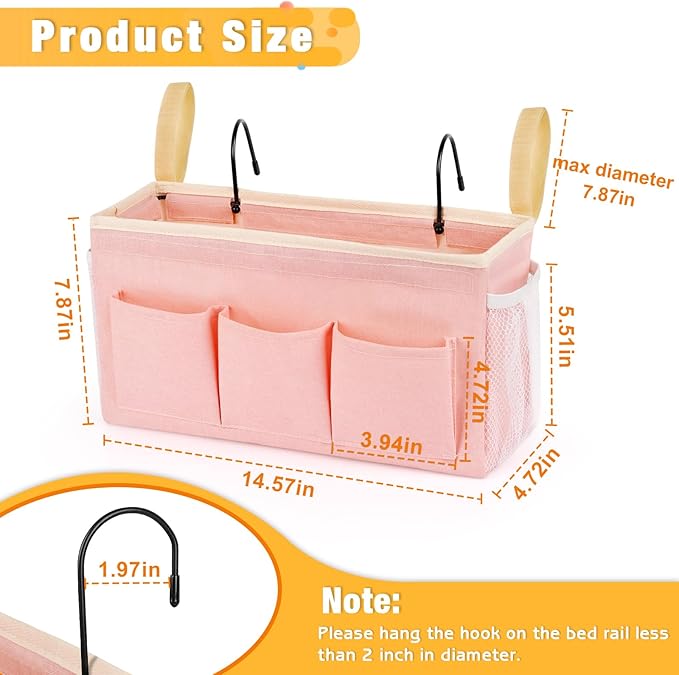 Bedside Caddy Bedside Organizer Bedside Storage Caddy with Fixed Straps and Water Bottle Holder for Home College Dorm Bunk Bed Hospital Bed Crib Bed Rails (2pcs Pink)