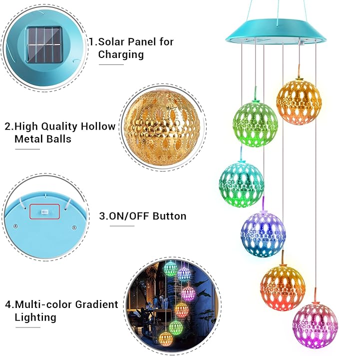 Toodour Solar Wind Chime, Color Changing Moroccan Ball Wind Chimes, LED Decorative Mobile, Gifts for Mom, Waterproof Outdoor Decorative Lights for Garden, Patio, Party, Yard, Outdoor Decorations