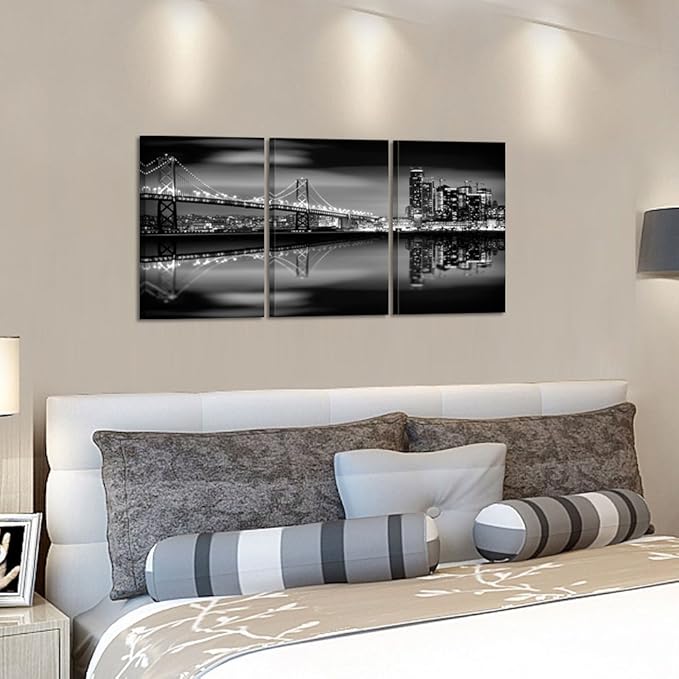 KREATIVE ARTS - San Francisco Bay at Night in Black and White Bridge 3 Panels Modern Landscape Artwork Canvas Prints Cityscape Pictures Paintings on Canvas Wall Art for Home Decor (12x16inchx3pcs)