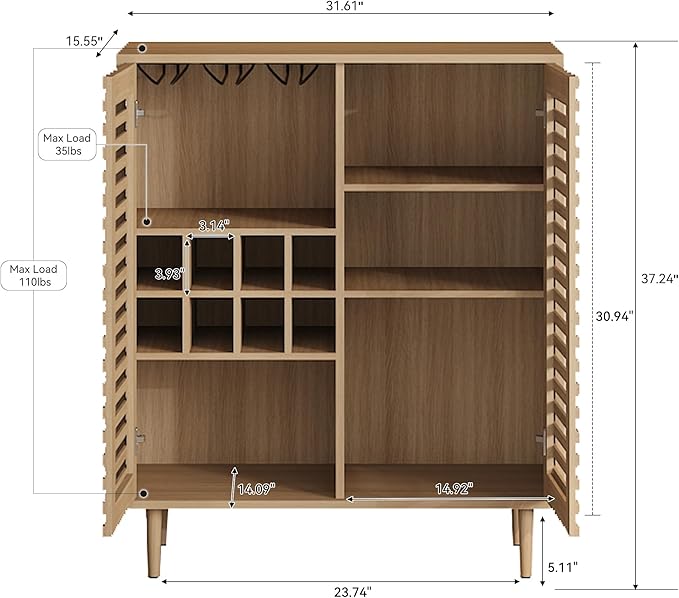 Mid Century Bar Cabinet with Wine Racks, Modern Liquor Cabinet with Slatted Doors for Dining Room, Living Room (Natural Color)