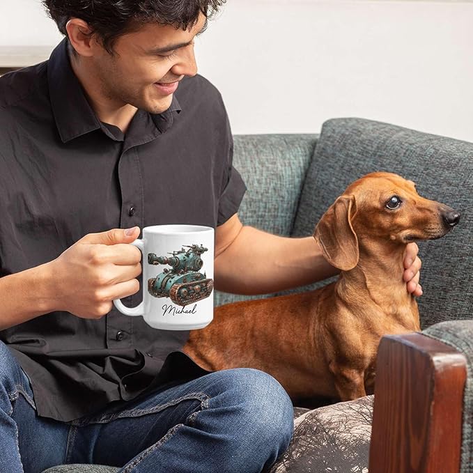 Personalized Unique Steampunk Tank Design Mug, Custom Mechanical Tank Art Coffee Cup 11oz, White Mug Gift For Mechanic Enthusiasts, Custom Name Ceramic Cup 11oz Or 15oz, Kids Mug