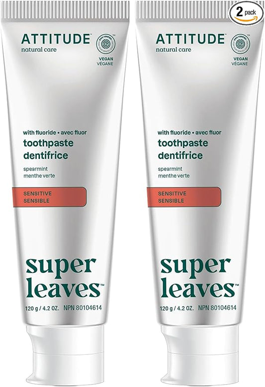 ATTITUDE Toothpaste with Fluoride, Prevents Tooth Decay and Cavities, Vegan, Cruelty-Free and Sugar-Free, Sensitive, Spearmint, 4.2 Oz (Pack of 2)