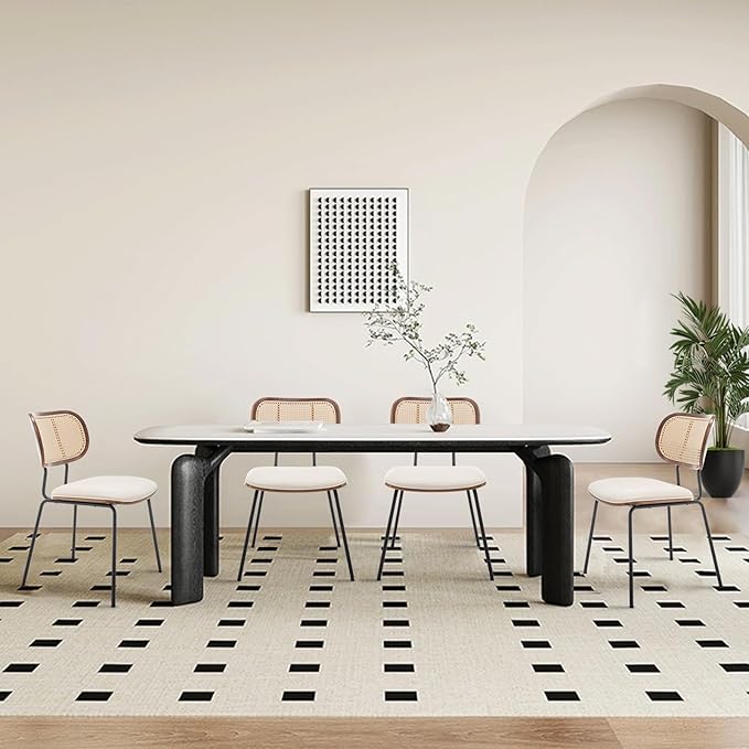 Rattan Dining Chairs Set of 4, Mid Century Modern Dining Chairs with Cane Back for Kitchen Dining Room, 19 Inch Fabric Beige