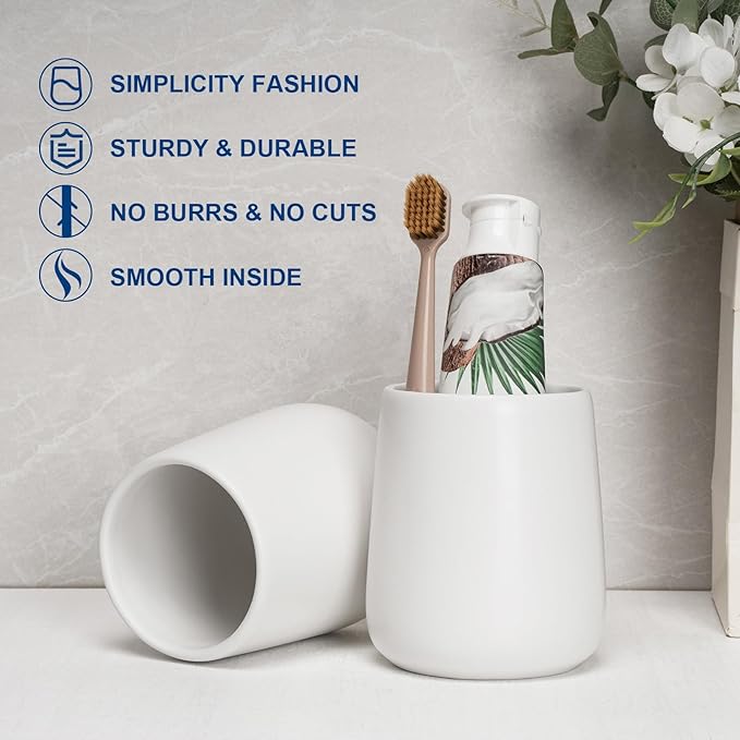 Bathroom Tumbler Cup Ceramic 2Pcs 13.5oz Reusable Toothbrush Cup 400ml, Toothbrush Holder Adequate for Your Bathroom (White)