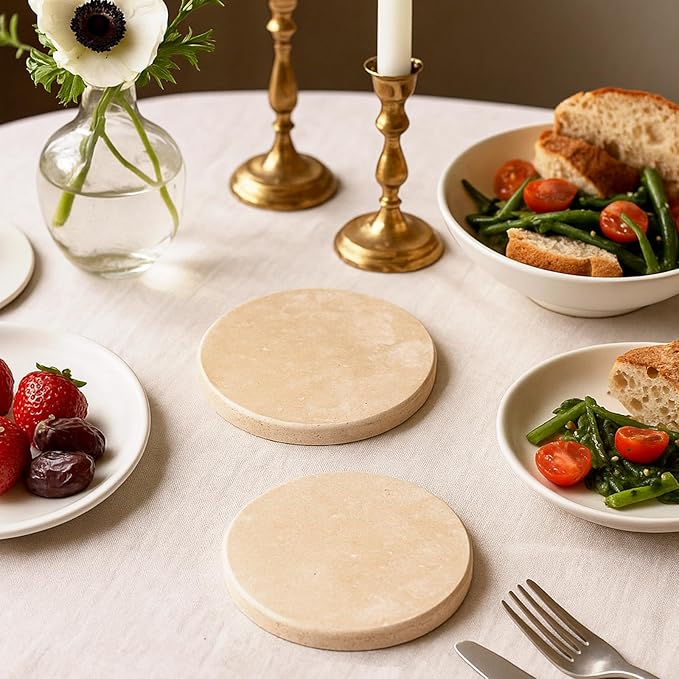 Beige Natural Travertine Marble Coasters Set of 4, Round 4 Inch Diameter Drink Marble Coasters for Housewarming Gifts, Anniversaries, Office Decorations Protect Tables from Stains & Scratches