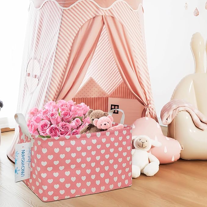 LANGYASHAN Rectangular Storage Bin Collapse Canvas Fabric Cartoon Storage Basket with Handles for Organizing Home Kitchen Boys and Girls Toys Office Closet Shelf Baskets (Rec pink heart)