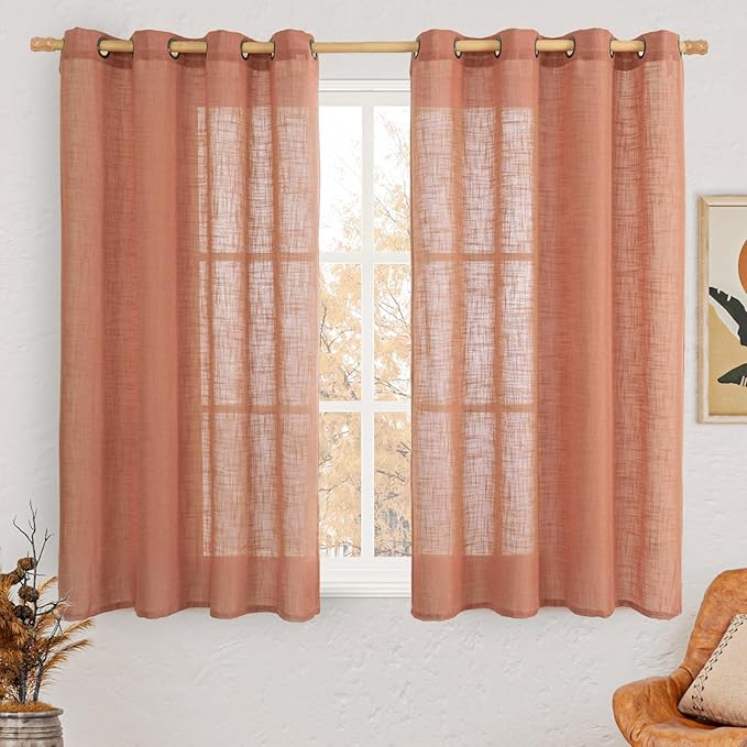 LAMIT Semi Sheer Linen Curtains 45 Inch Length, Terracotta Light Filtering Fall Decor Short Window Curtains with Bronze Grommet for Bedroom/Farmhouse, 2 Panels Set, 52 x 45 Inch