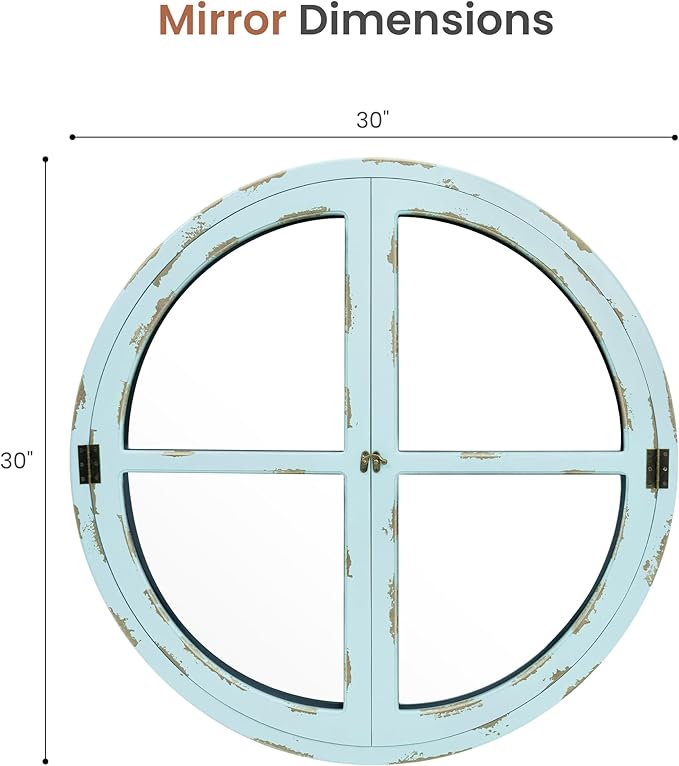 30" Round Window Mirror, Vintage Coastal Wall Mirror with Distressed Blue Wood Frame & Faux Windowpanes, Farmhouse Cottagecore Decor for Living Room, Entryway, or Dining Room