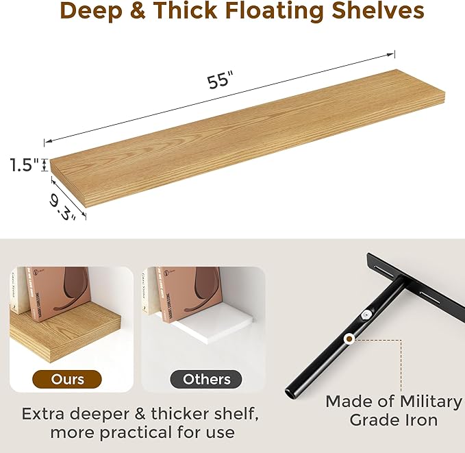 Floating Shelves 55 Inch Long, 55"W x 9"D Wall Shelf Invisible Bracket, 9 Inch Deep Floating Shelf for Wall, Rustic Wooden Shelves for Living Room, Kitchem, Bedroom, Oak Color, Set of 1