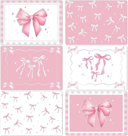 Pink Bow Plastic Place Set of 6 Cute Coquette Butterfly Bowknot Dinner Table Mats Pink Ribbon Bow Mats Wedding Baby Shower Birthday Table Decoration for Indoor Outdoor Party Kitchen Dining