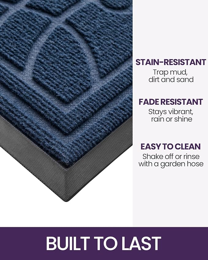 DEXI Front Door Mat Outside Entrance, Heavy Duty Non Slip Low Profile Doormat for Entryway, Trap Dirt and Moisture Welcome Mats, Easy Clean, Patio, Garage, 5x3, Blue