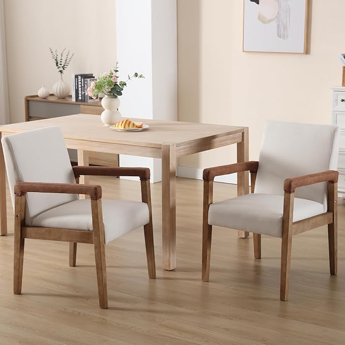 Kmax Modern Dining Chairs Set of 4 Linen Fabric Kitchen Arm Chairs Upholstered Accent Chairs with Wooden Legs for Dining Room, Living Room, Bedroom, White