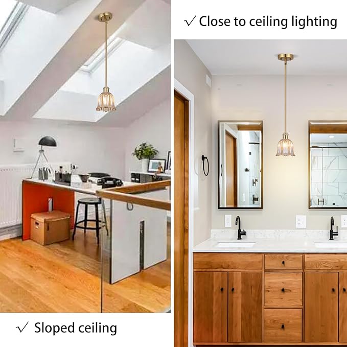 Modern Gold Pendant Light 3 Pack Brushed Brass Mid Century Chandelier Amber Glass Shades Adjustable Rods Farmhouse Ceiling Hanging Lighting Fixture Kitchen Island Dining Room Bedroom