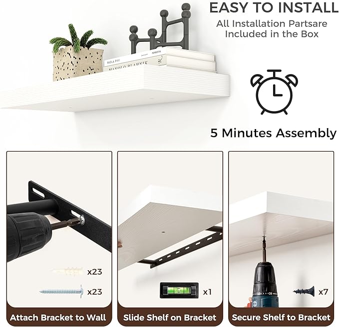 Floating Shelves for Wall, 2 Large Wall Mounted Shelves with Invisible Brackets, Long Wood Floating Wall Shelf Shelves for Living Room, Bedroom, Kitchen, (White, 48" W x 9" D x 1.5" H)