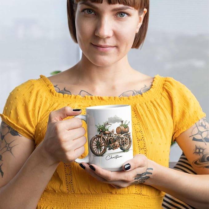 Customized Steampunk Motorcycle Mug With Vintage Design, Personalized Choose Name Coffee Cup 11oz Or 15oz, Custom Steampunk Mug, Unique Steam Engine White Ceramic Mug, Gift For Dad