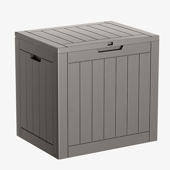 31 Gallon Resin Deck Box, Lockable Patio Outdoor Storage Box for Furniture, Garden Tools and Tools Storage, Waterproof Outside Storage Boxes - Grey