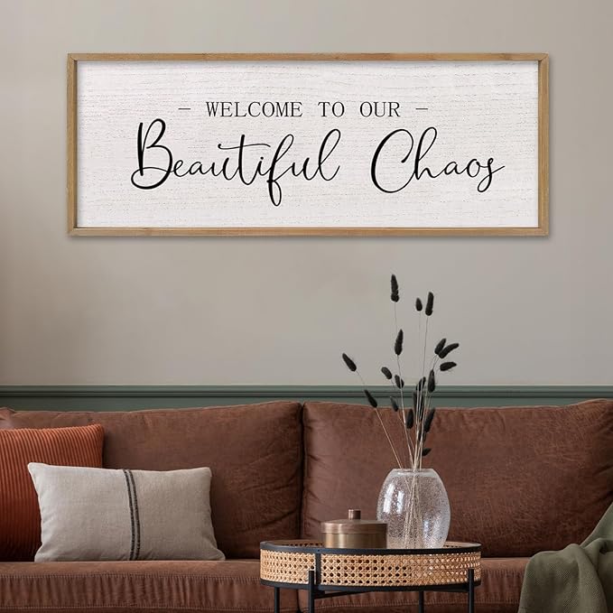 comurdyo Welcome To Our Beautiful Chaos Wall Decor Art 32"X12" for Home Entryway Sign Large Wood Framed Wall Hanging (Wood)