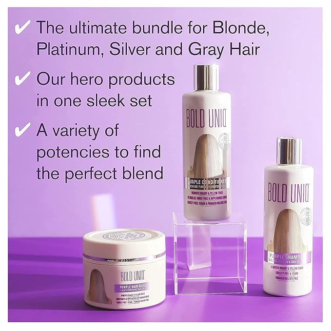 Purple Shampoo, Conditioner & Mask Trio Gift Set. Removes Brassy Yellow Tones. Lightens Blonde, Platinum, Ash, Silver & Grays. Paraben & Sulfate Free. PETA Approved Cruelty-free and 100% Vegan.