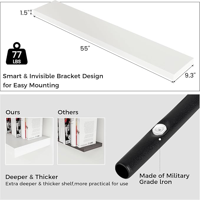 Floating Shelves for Wall, Large Wall Mounted Shelves with Invisible Brackets, Long Wood Floating Shelf for Living Room, Bedroom, Kitchen, (White, 55" W x 9" D x 1.5" H)