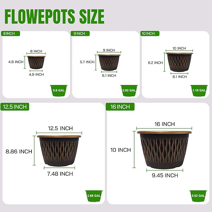 4 Pack 12 Inch Retro Plant Pots, Vintage Striped Flower Pots with Drainage Hole & Saucer, Large Plastic Planters for Indoor and Outdoor Plants, Decorative Garden Pots(Gold)