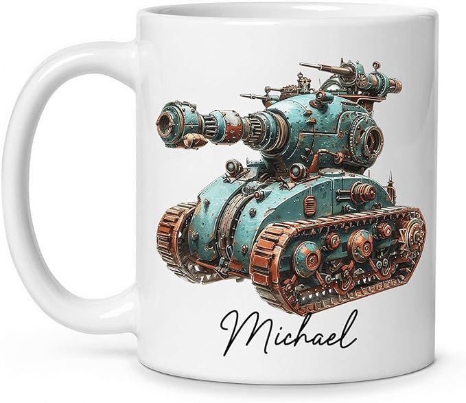 Personalized Unique Steampunk Tank Design Mug, Custom Mechanical Tank Art Coffee Cup 11oz, White Mug Gift For Mechanic Enthusiasts, Custom Name Ceramic Cup 11oz Or 15oz, Kids Mug